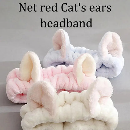Cat Coral Plush Headband - Soft Cute Hair Bow Band for Face Washing, Makeup and Girls
