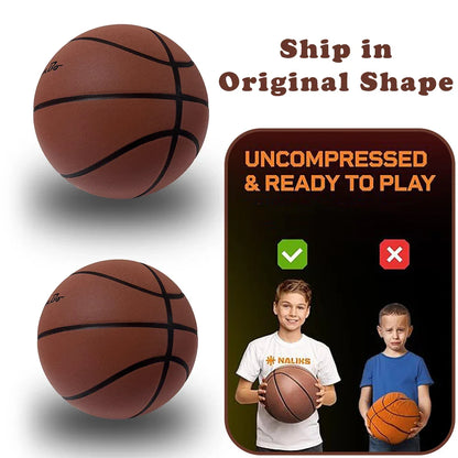 Silent Indoor Basketball – Airless Foam Dribbling Ball, Size 7/6/5 with Grooved Quiet Training Design