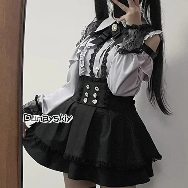 Jirai Kei Lolita Blouse Top — Y2K Sweet Japanese Style Long Shirt with Bow for Women, S-XL, 3 Colors