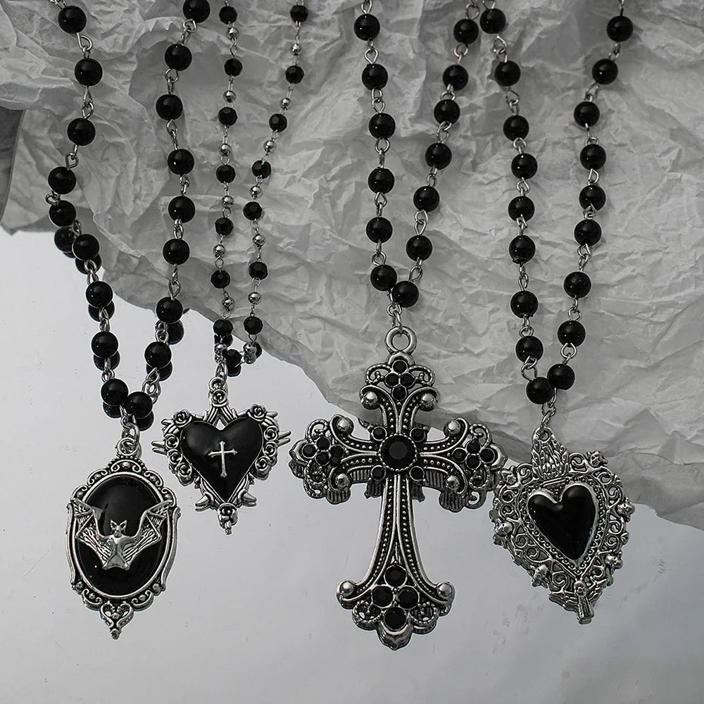 Gothic Bat Cross Necklace Set - Y2K Thorn Love Black Beaded Layered Jewelry for Halloween Parties
