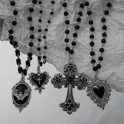 Gothic Bat Cross Necklace Set - Y2K Thorn Love Black Beaded Layered Jewelry for Halloween Parties