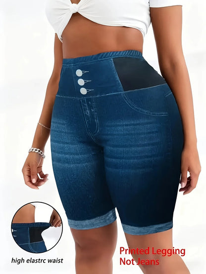 Plus Size Tummy Control Biker Shorts - High Waist 3-Button Faux Denim Cycling Shorts for Curvy Women