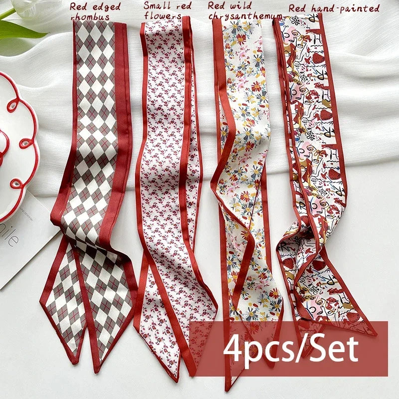 4pcs Silk Satin Scarves for Women – Hair Bands, Neck Ties & Bag Accessories