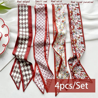 4pcs Silk Satin Scarves for Women – Hair Bands, Neck Ties & Bag Accessories