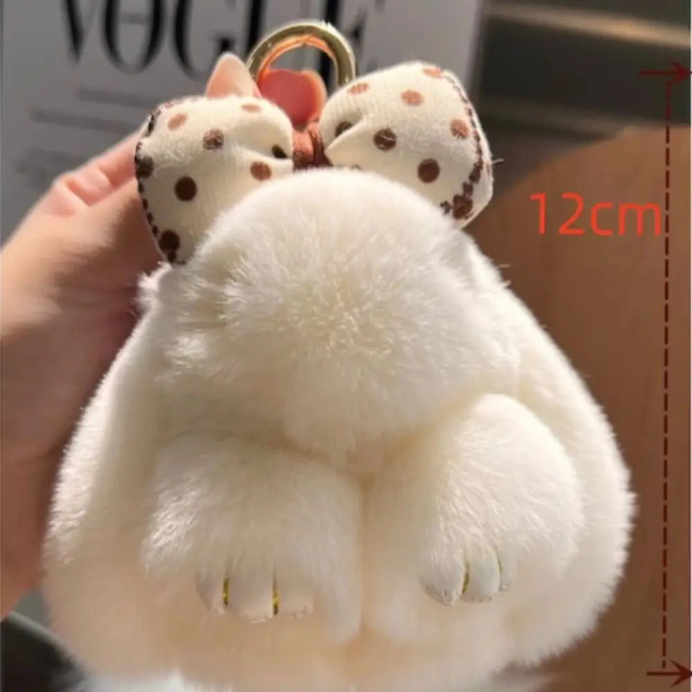 Cute Fluffy Bunny Fur Keychain – Plush Pom Pom Bag Charm and Car Key Ring with Hair Bow