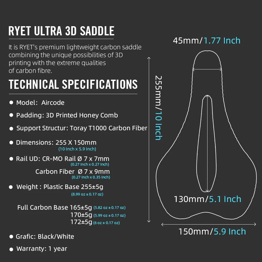 RYET 3D Printed Bike Saddle – Ultralight Carbon Fiber Hollow Seat for MTB, Gravel & Road Cycling Comfort & Breathability