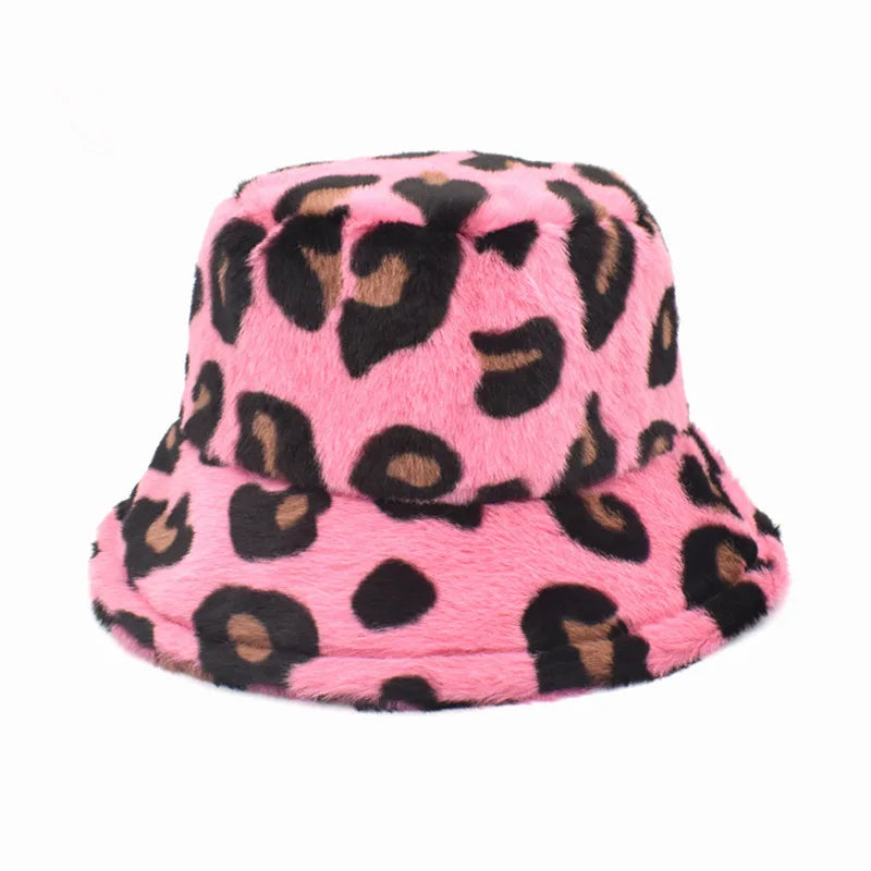 Women’s Winter Bucket Hat – Fashion Leopard Panama, Warm Vintage Faux Fur Fisherman Cap