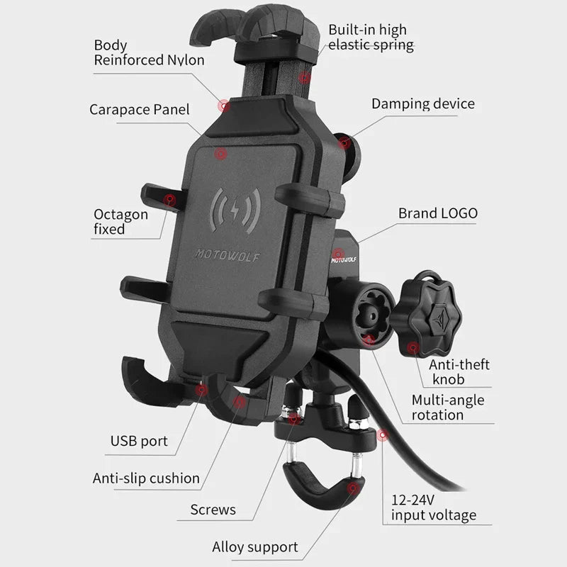 Effortless Charging: Motorcycle Wireless Charging Phone Holder 3.0 - Quick Charger & GPS Support for 4-7 inch Phones, Handlebar Mount