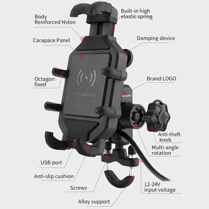 Effortless Charging: Motorcycle Wireless Charging Phone Holder 3.0 - Quick Charger & GPS Support for 4-7 inch Phones, Handlebar Mount