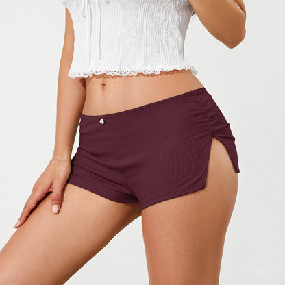 Women’s Side Split Pajama Shorts — Y2K Soft Ruched Elastic Waist Lounge & Sleepwear Bottoms