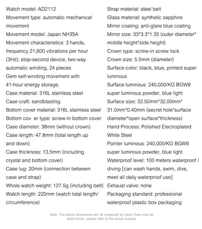 ADDIESDIVE Luxury Men’s Automatic Watch — BGW9 Luminous Bubble Mirror, Sapphire Glass, 100M Waterproof Steel Analog Timepiece