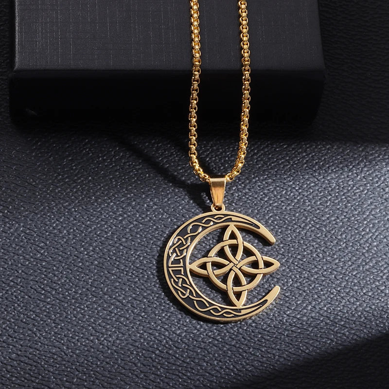 Witch Knot Necklace – Stainless Steel Magic Celtic Knot Pendant, Pagan Witchcraft Symbols, Jewelry Gift for Women