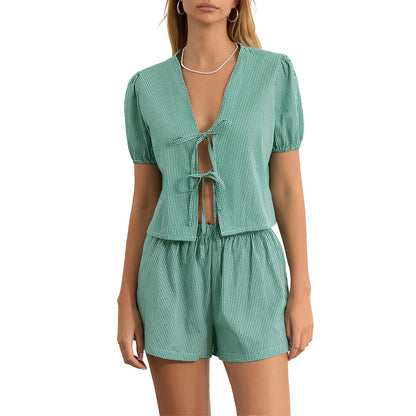 Maemukilabe Y2K Vintage Plaid 2-Piece Set for Women – Loose V-Neck Puff Sleeve Tie-Up Blouse & Shorts Lounge Matching Outfit