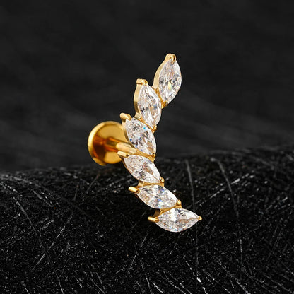 Right Grand ASTM F136 Titanium 16G Ear Climber CZ Cartilage Earring – Curved Marquise Helix, Tragus & Labret Flat Back Piercing Stud