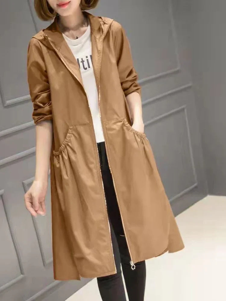 Women’s Mid-Length Hooded Trench Coat - Lightweight Loose Windbreaker for Spring & Summer