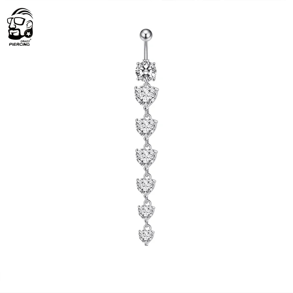 14G Surgical Steel Belly Button Ring – 7 Heart Crystal Long Dangle Navel Piercing Jewelry for Women