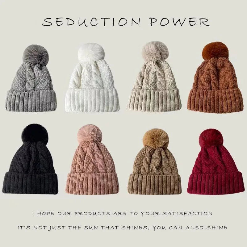New Women’s Winter Twist Knit Hat – Thick Plush Beanie with Fur Pompom, Solid Color Ski Snow Skullies