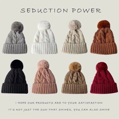 New Women’s Winter Twist Knit Hat – Thick Plush Beanie with Fur Pompom, Solid Color Ski Snow Skullies