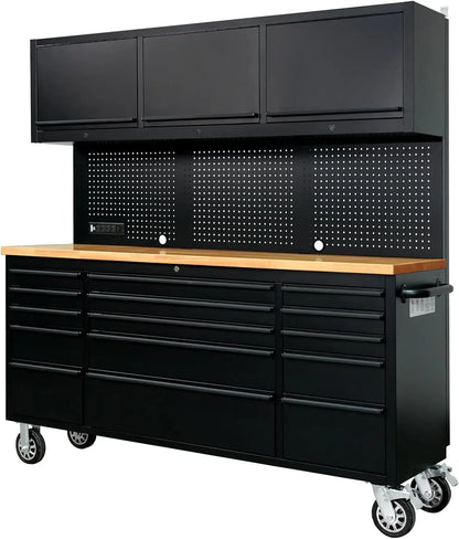 72-Inch Tool Chest Tool Box with 15 Drawers & 3 Upper Cabinets - Mobile Rolling Cabinet with Wheels, SS Pegboard, Locking Key Storage