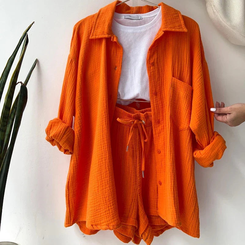 2025 Women’s Summer Two-Piece Set – Solid Color Casual Loose Short Pants & Top Outfit