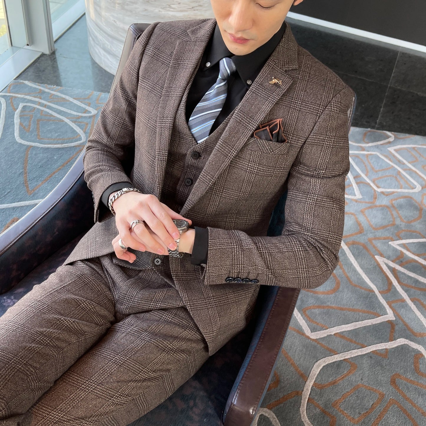 Men’s British Korean Plaid Three-Piece Suit – Stylish Business Casual Set with Blazer, Vest & Trousers