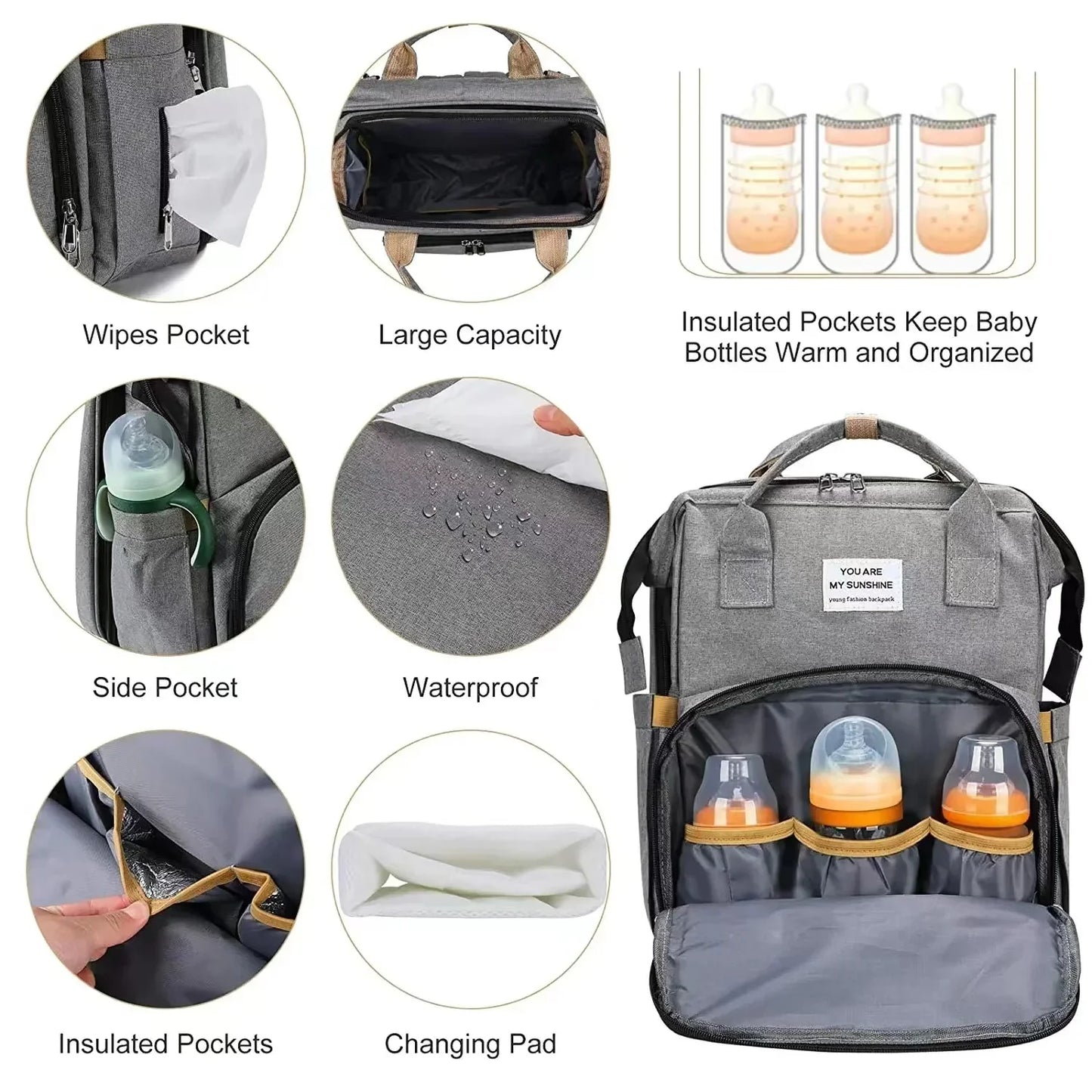 Foldable Bed Diaper Bag with Changing Station - Insulated Pocket, Large Capacity, Multifunctional Double Shoulder Mommy Bag