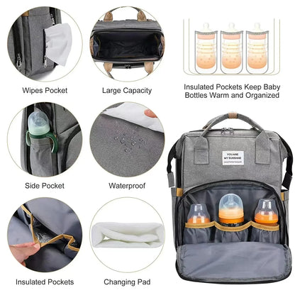 Foldable Bed Diaper Bag with Changing Station - Insulated Pocket, Large Capacity, Multifunctional Double Shoulder Mommy Bag