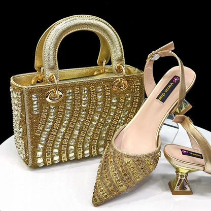Women’s Fuchsia Rhinestone Shoe & Bag Set - Shiny Italian Style Pointed Toe High Heel Fashion Accessories