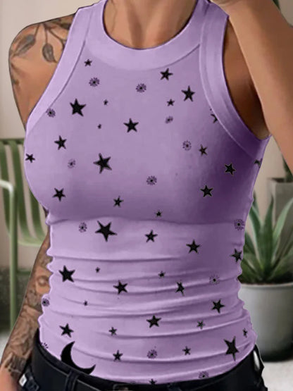 Women’s Summer Elastic Racerback Tank Top – O-Neck Stripe Print Sleeveless Basic Digital Print Sexy Casual T-Shirt