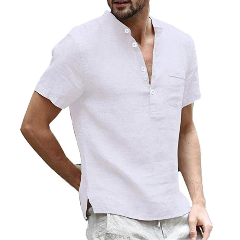 Men’s Summer Cotton Linen Short Sleeve T-Shirt Breathable Casual Loose Fit LED Style Tee Shirt S-3XL Comfort Wear