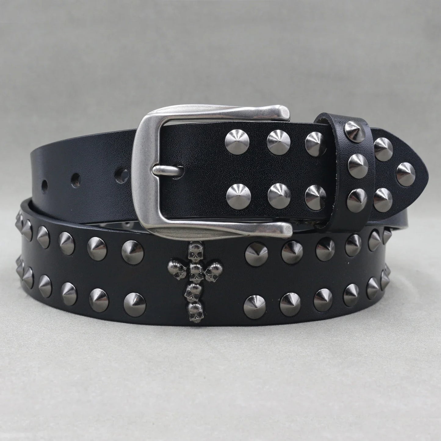 Men’s Designer Rivet Belt – Genuine Cowhide Leather Punk Rock Pin Belt for Jeans, Luxury Black Leather Belt