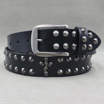 Men’s Designer Rivet Belt – Genuine Cowhide Leather Punk Rock Pin Belt for Jeans, Luxury Black Leather Belt