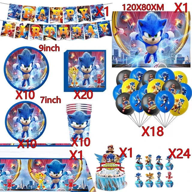 Sonic Cartoon Party Supplies Set – Disposable Tableware with Plates, Cups, Napkins & Balloons for Boys’ Birthday & Baby Shower Decor