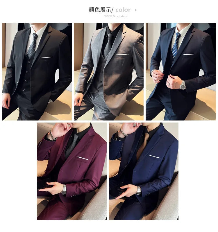 High-Quality Men’s 3-Piece Suit Set — Business Casual & Wedding Outfit (Jacket + Vest + Trousers), 2024 Fashion Banquet, Sizes S-6XL