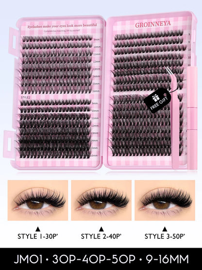 GROINNEYA Cat Lash Clusters Kit – 640pcs with Lash Bond & Seal, DIY Eyelash Extensions for Home Use