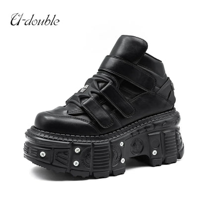 2025 Women’s Punk Gothic Ankle Boots – Lace-Up Platform Shoes with 9CM Heel & Metal Decor