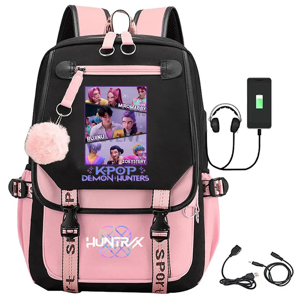 KPop Demon Hunters Print Backpack — Large Capacity School Bag for Rumi, Mira & Zoey Fans, Casual Canvas Travel & Bookbag