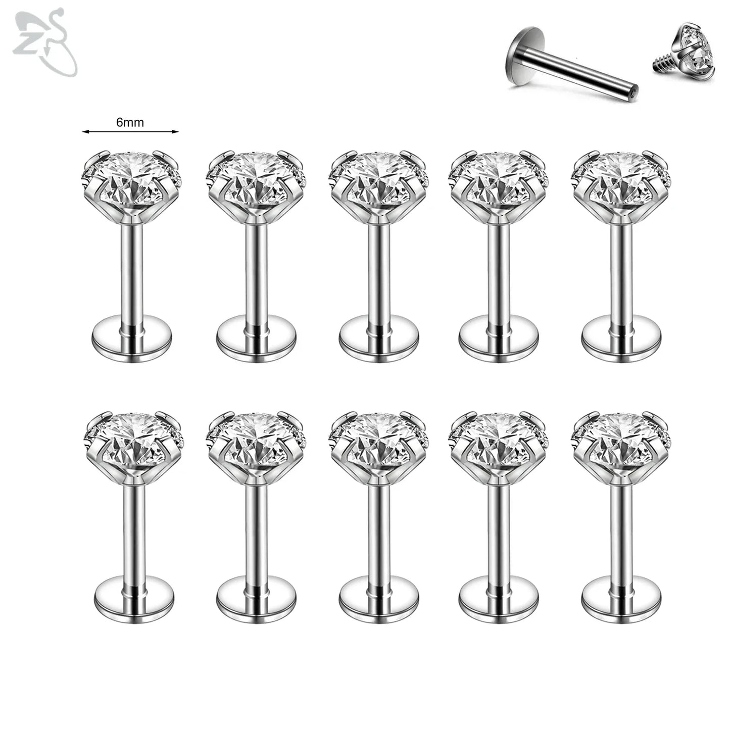 AOEDEJ 10PCS Gold Stainless Steel Labret Lip Studs – 16/18G CZ Crystal Helix, Cartilage & Tragus Piercings (2–6mm)