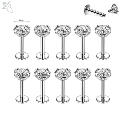 AOEDEJ 10PCS Gold Stainless Steel Labret Lip Studs – 16/18G CZ Crystal Helix, Cartilage & Tragus Piercings (2–6mm)