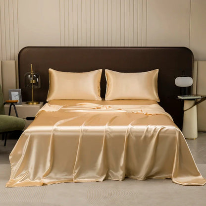 Silky Satin Bed Sheet Set for Summer – Ice Cooling Flat Sheet with Pillowcase, Single/Queen/King Sizes