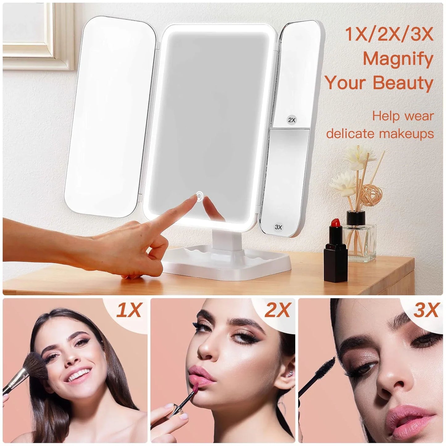 Trifold LED Makeup Mirror – Smart Light-Up Dressing Mirror with Adjustable Fill Light for Beauty & Dorm Use