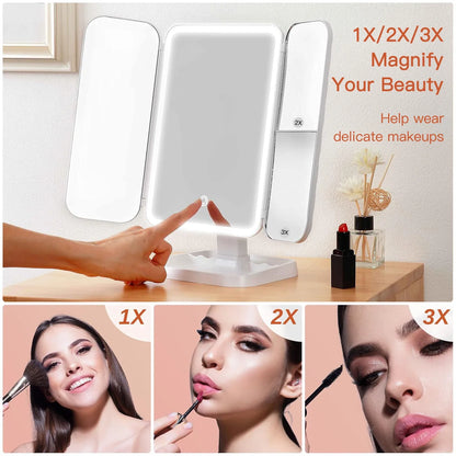 Trifold LED Makeup Mirror – Smart Light-Up Dressing Mirror with Adjustable Fill Light for Beauty & Dorm Use