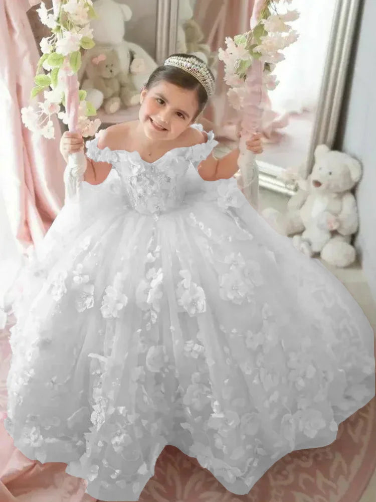Pink Flower Girl Dress - 3D Floral Applique Pearl Tulle Gown for Weddings & Parties