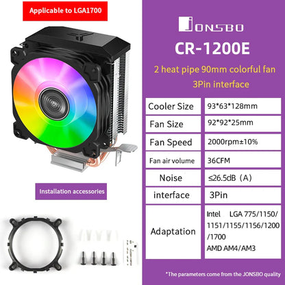 Jonsbo CR1200 RGB CPU Cooler — 2 Heat Pipe Tower with 9cm Colorful Fan for Intel LGA115X/775 & AMD AM4