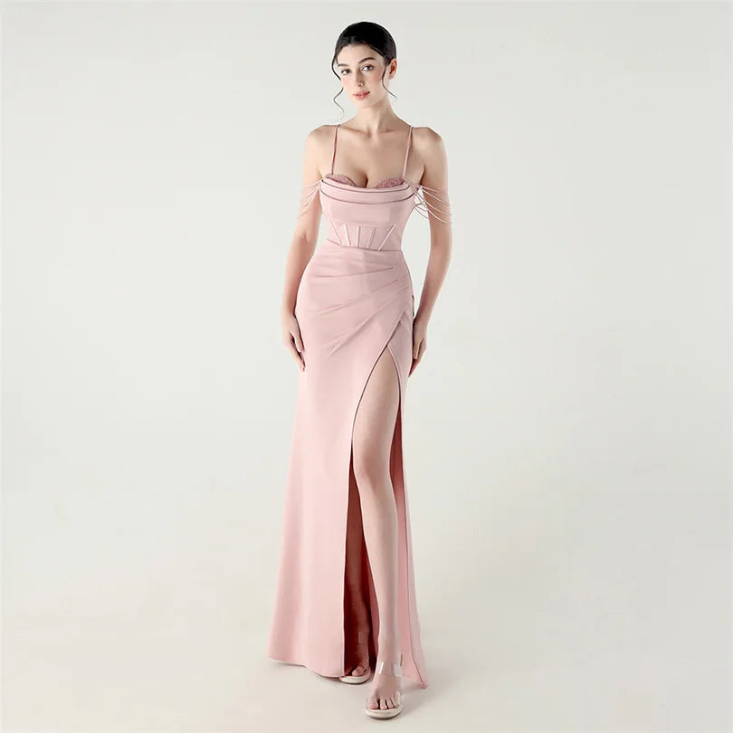 DEERVEADO Women’s Satin Strap Evening Dress — Beaded Sexy Mermaid Slit Long Formal Party Gown
