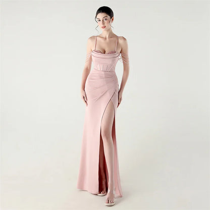 DEERVEADO Women’s Satin Strap Evening Dress — Beaded Sexy Mermaid Slit Long Formal Party Gown