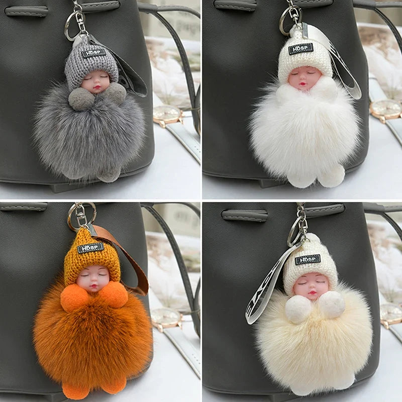 Pompom Sleeping Baby Keychain - Fluffy Plush Doll Keyring for Bags, Cars & Gift Decoration