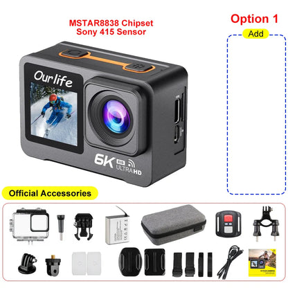 6K 4K60FPS Action Camera – 50MP Dual Screen, 2.0" Touch LCD, EIS, WiFi, 170° Lens, 30M Waterproof, 5X Zoom with Remote
