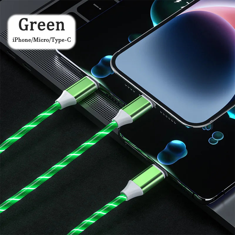 3-in-1 LED Glowing Charging Cable – 3A Micro USB & Type-C Flowing Streamer Cord for iPhone, Xiaomi & Huawei