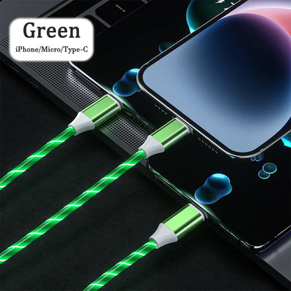 3-in-1 LED Glowing Charging Cable – 3A Micro USB & Type-C Flowing Streamer Cord for iPhone, Xiaomi & Huawei